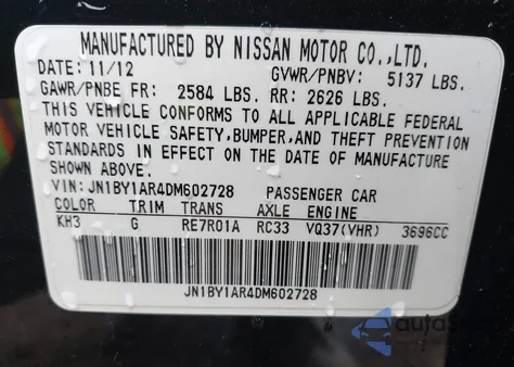 2013 Infiniti M37X X z USA, uszkodzony, nr VIN JN1BY1AR4DM602728